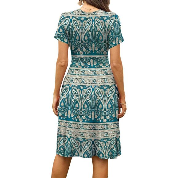 Women Green Khaki Short Sleeve V-Neck Floral Stretchy Party Dress with Pockets - Picture 4 of 4